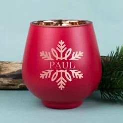 Personalisiertes Windlicht zu Weihnachten graviert mit Wunschtext & Schneeflocke in Rot oder Grün