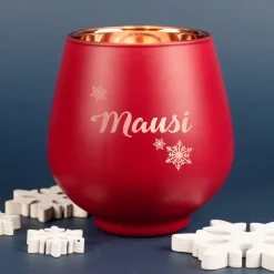 Personalisiertes Windlicht zu Weihnachten graviert mit Name & Schneeflockenmotiv in Rot oder Grün