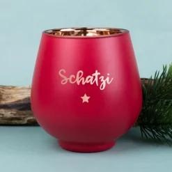 Personalisiertes Windlicht zu Weihnachten graviert mit Name & Sternmotiv in Rot oder Grün