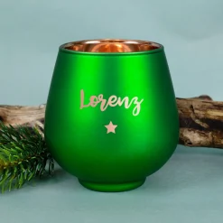 Personalisiertes Windlicht zu Weihnachten graviert mit Name & Sternmotiv in Rot oder Grün