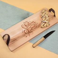 Personalisiertes XL Servierbrett für Weihnachtsstollen mit Name graviert | Buchenholz mit Ledergriffe