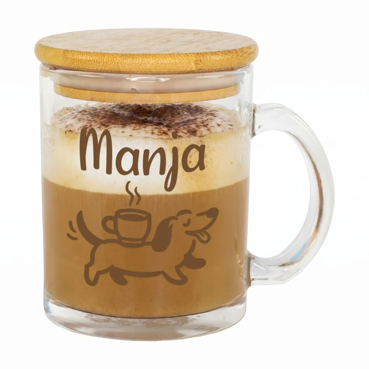 Personalisierte Tasse aus Glas mit Holz Deckel | Teeglas mit Name & Dackel Motiv