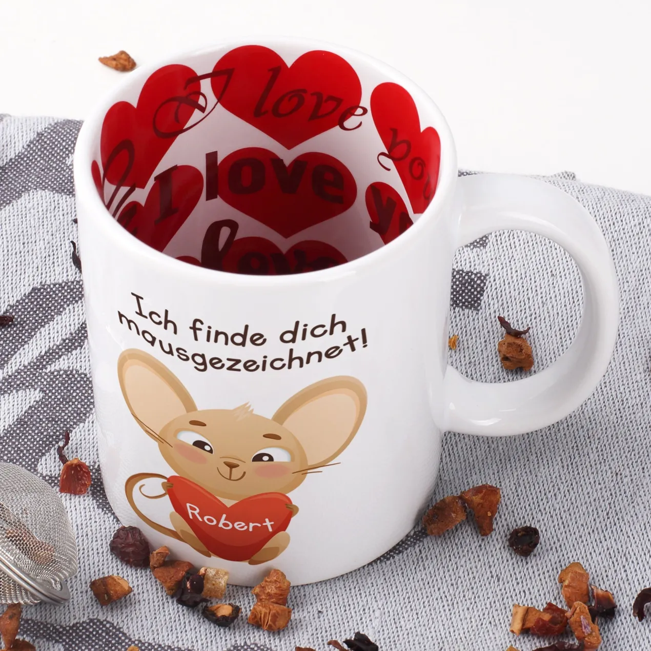 Personalisierte Tasse 'Ich finde dich mausgezeichnet!' mit Name im Herz | Valentinstagsgeschenk
