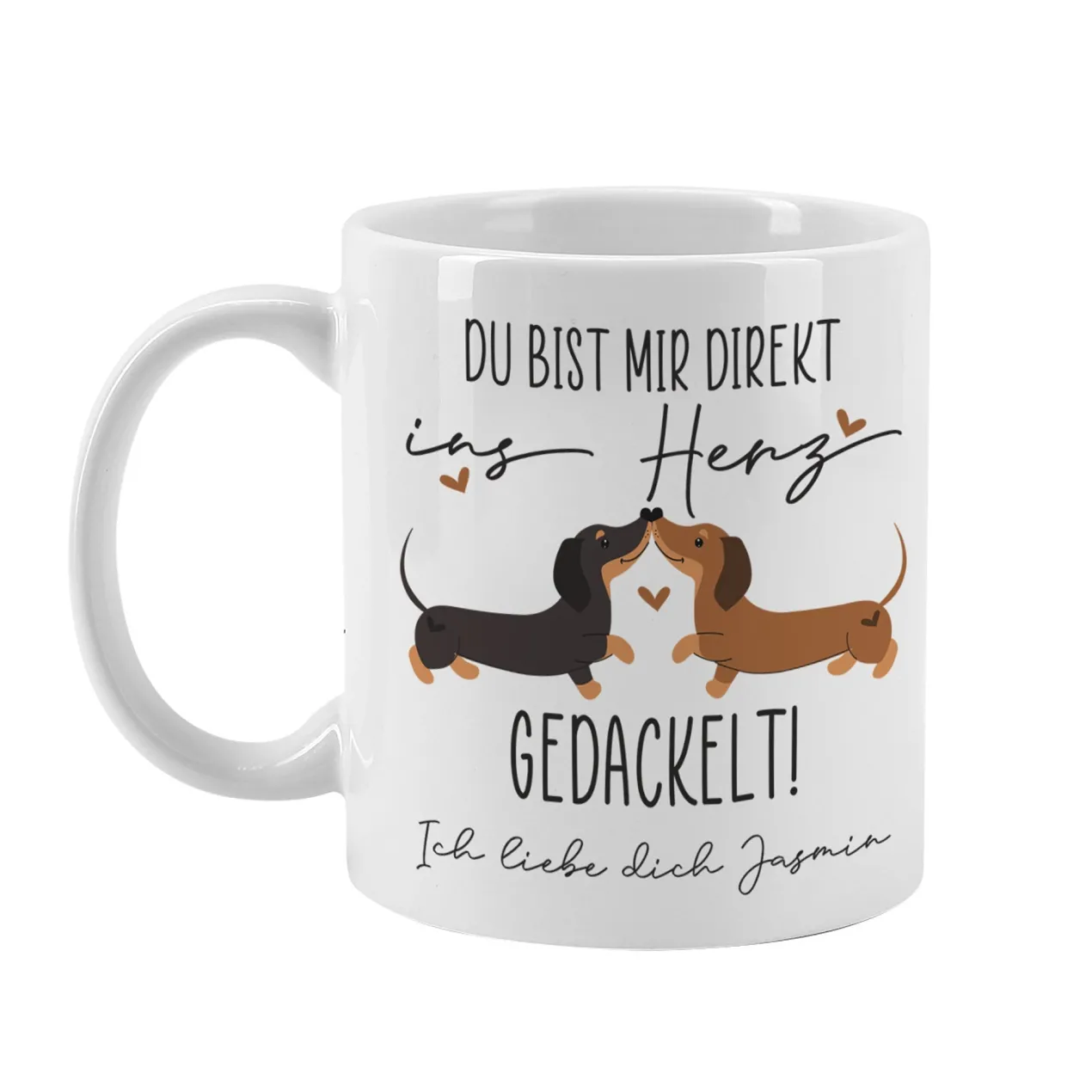 Personalisierte Tasse 'Ins Herz gedackelt' mit Dackel-Motiv & Wunschtext | Geschenk zum Valentinstag