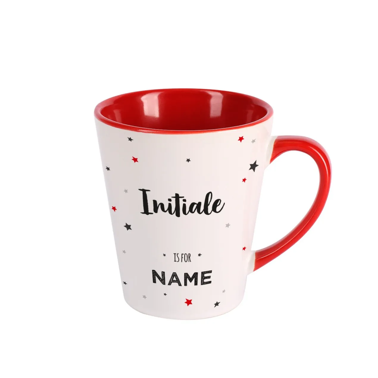 Personalisierte Tasse mit großer Initiale, Wunschnamen & bunten Sternen