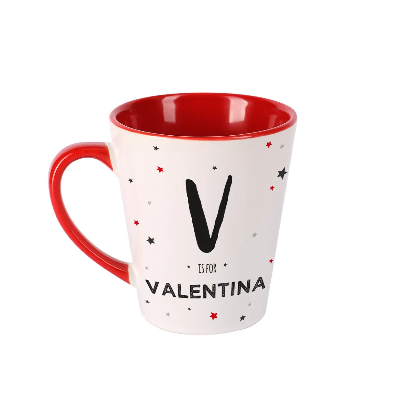 Personalisierte Tasse mit großer Initiale, Wunschnamen & bunten Sternen