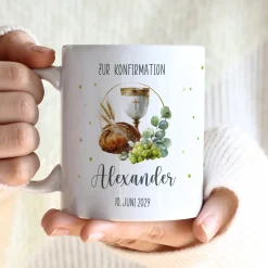 Personalisierte Tasse mit Kelch & Brot – Geschenk zur Taufe, Kommunion, Konfirmation und Firmung