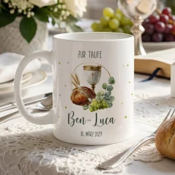 Personalisierte Tasse mit Kelch & Brot – Geschenk zur Taufe, Kommunion, Konfirmation und Firmung