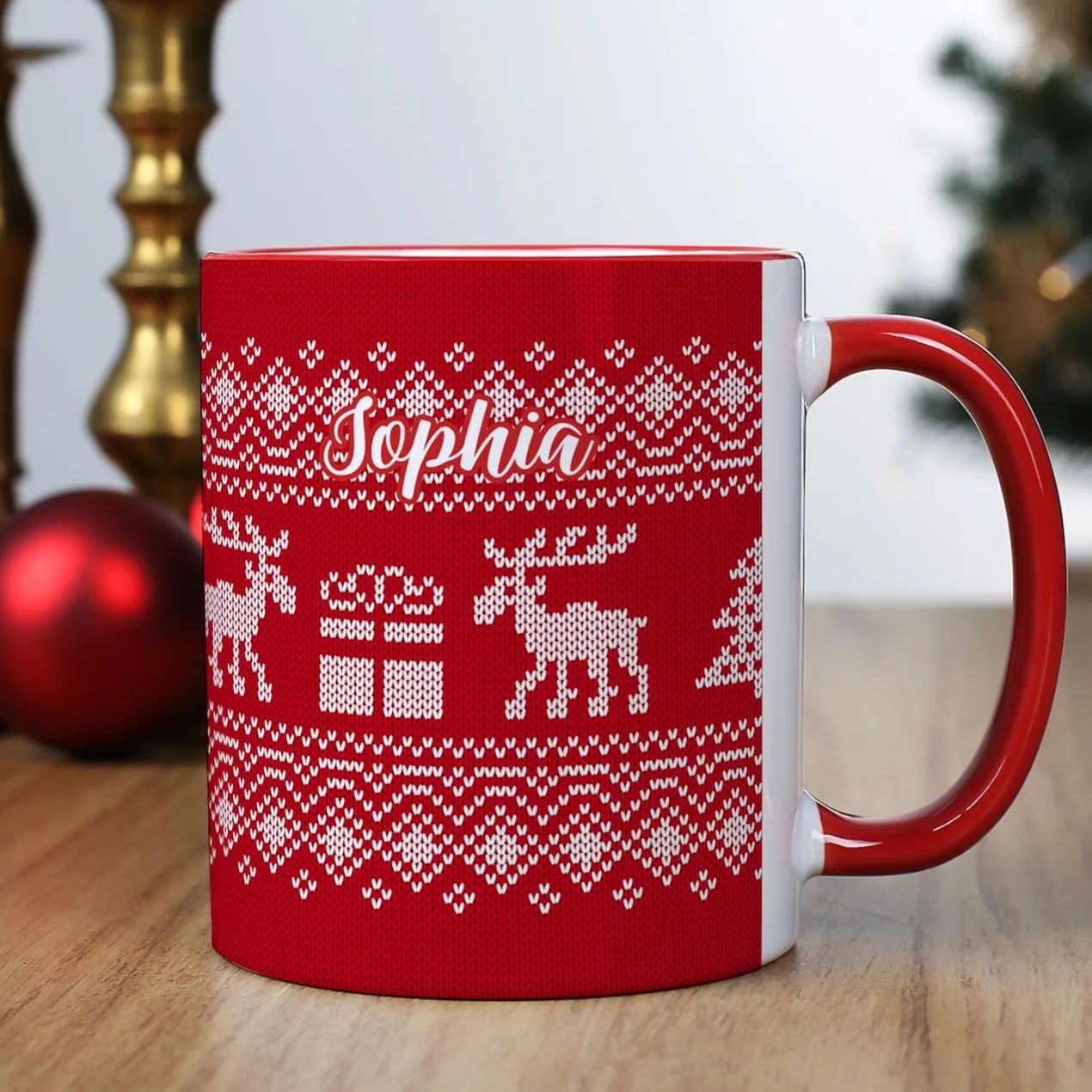 Personalisierte Tasse mit Name zu Weihnachten | Weihnachtstasse in Strick-Optik