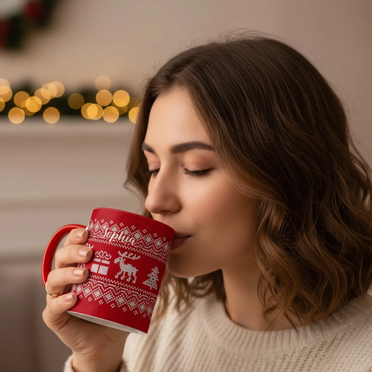 Personalisierte Tasse mit Name zu Weihnachten | Weihnachtstasse in Strick-Optik