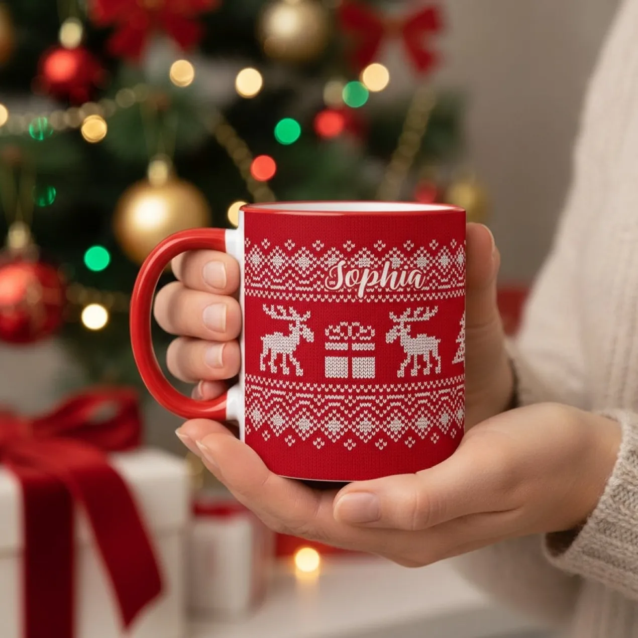 Personalisierte Tasse mit Name zu Weihnachten | Weihnachtstasse in Strick-Optik