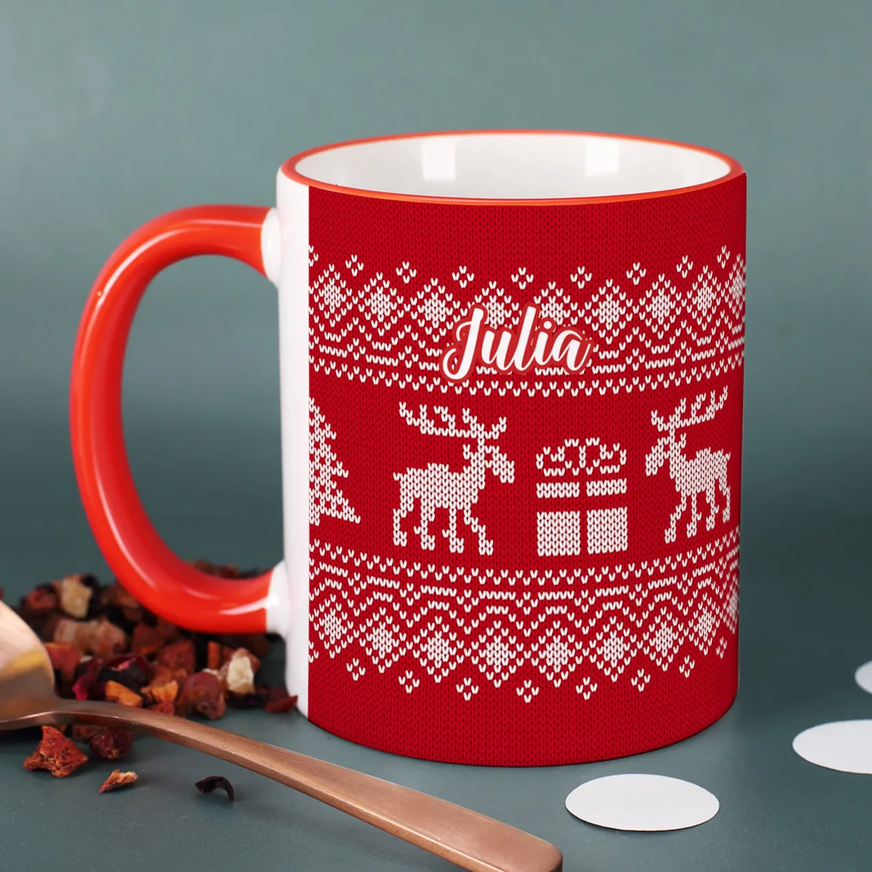 Personalisierte Tasse mit Name zu Weihnachten | Weihnachtstasse in Strick-Optik