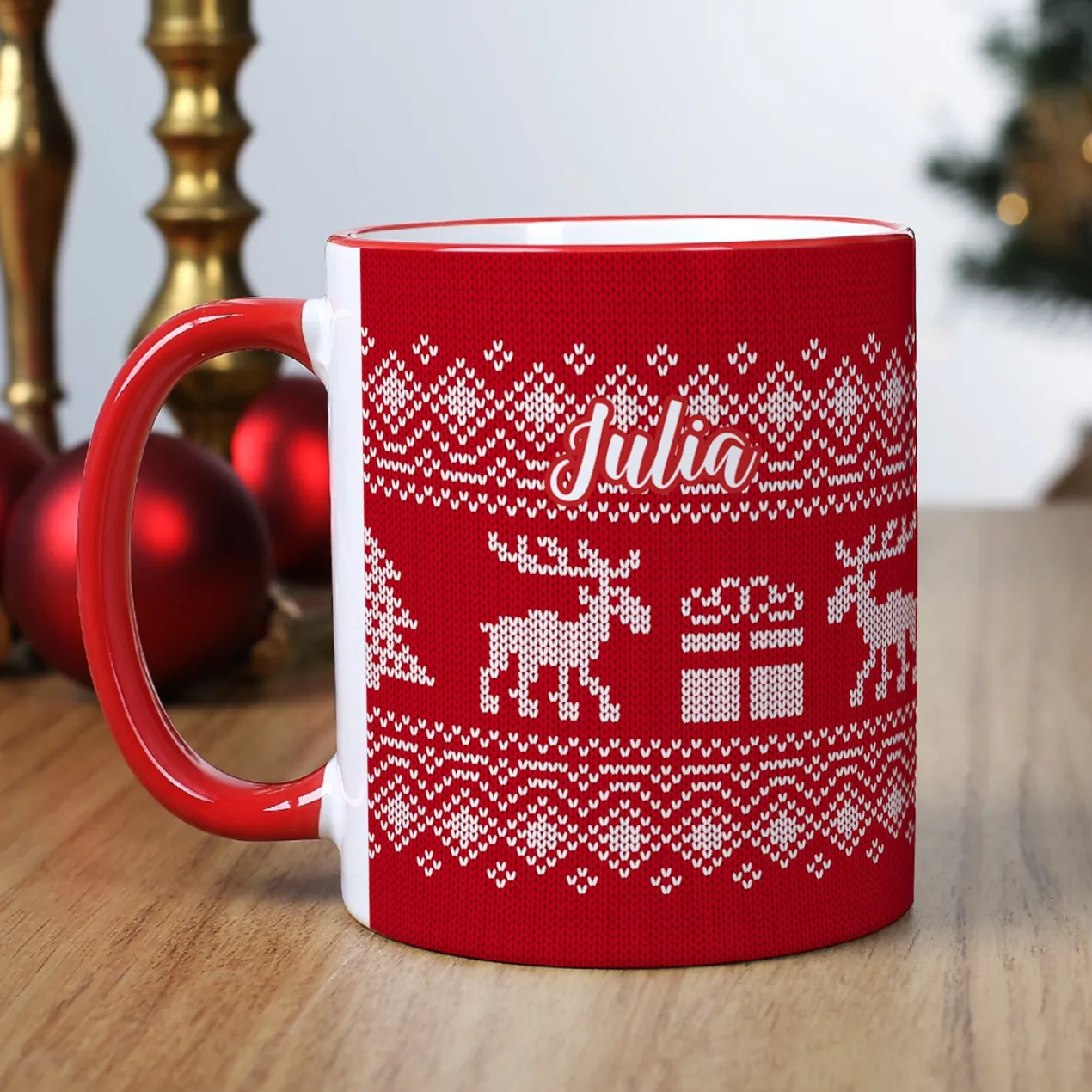 Personalisierte Tasse mit Name zu Weihnachten | Weihnachtstasse in Strick-Optik