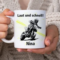 Personalisierte Tasse mit Supermoto-Motiven, Name und Wunschtext, Geschenk für Motorradfahrer