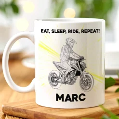 Personalisierte Tasse mit Supermoto-Motiven, Name und Wunschtext, Geschenk für Motorradfahrer