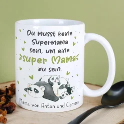 Personalisierte Tasse - Super Mama - mit Panda Motiv & Wunschtext als Geschenk zum Muttertag