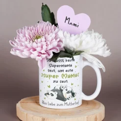 Personalisierte Tasse - Super Mama - mit Panda Motiv & Wunschtext als Geschenk zum Muttertag