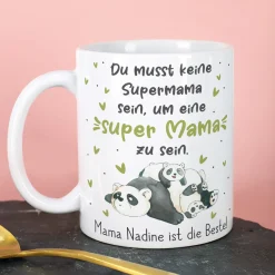 Personalisierte Tasse - Super Mama - mit Panda Motiv & Wunschtext als Geschenk zum Muttertag