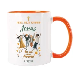 Personalisierte Tasse zur Kommunion - Ihr seid meine Freunde! Keramiktasse mit Anlass, Name & Datum