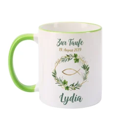 Personalisierte Tasse zur Kommunion, Taufe & Konfirmation mit Name – Ichthys & Kranz aus Zweigen