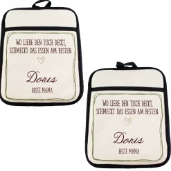 Personalisierte Topflappen im 2er Set mit Grifftasche & Silikonrückseite | Wo Liebe den Tisch deckt