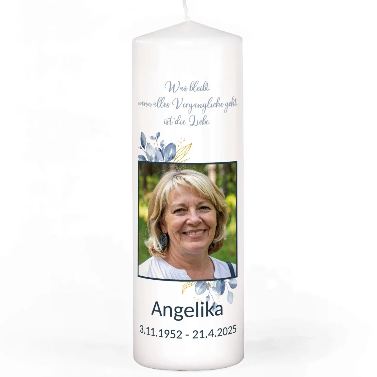 Personalisierte Trauerkerze mit Foto, Name und Datum – Gedenkkerze mit Blumenmotiv