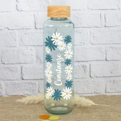 Personalisierte Trinkflasche aus Glas mit Blumen Motiv | Nachhaltige Flasche als Geschenk für Frauen
