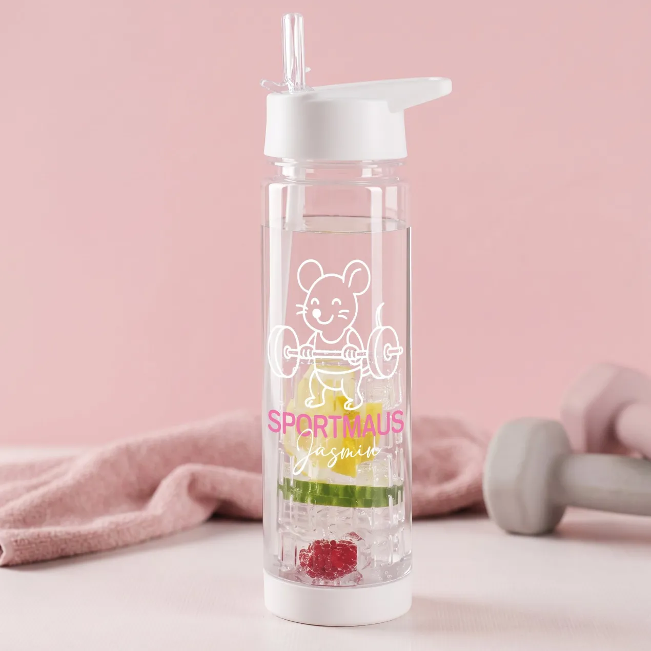 Personalisierte Trinkflasche mit Fruchteinsatz für Sport & Freizeit | Sportmaus Motiv | 740 ml