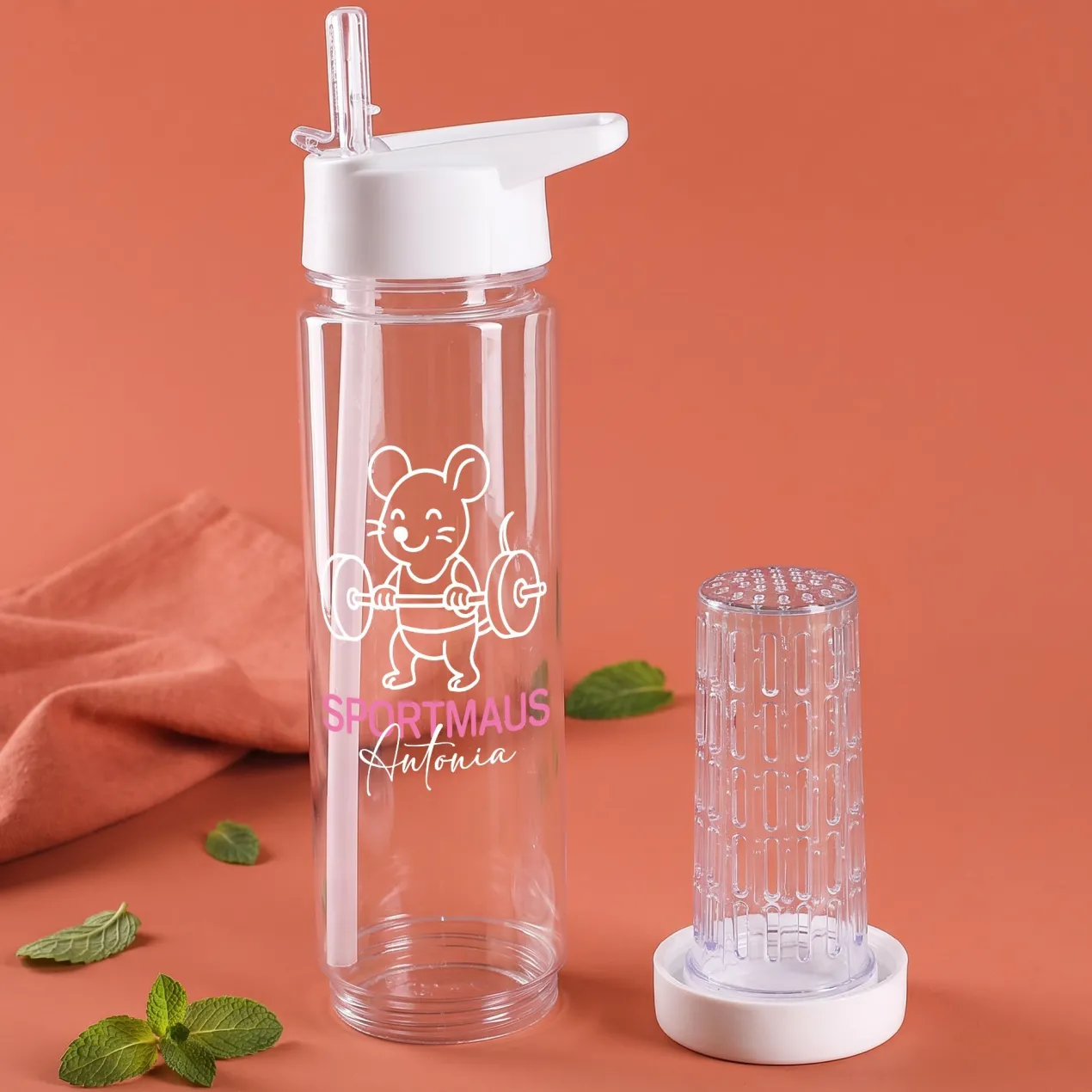 Personalisierte Trinkflasche mit Fruchteinsatz für Sport & Freizeit | Sportmaus Motiv | 740 ml