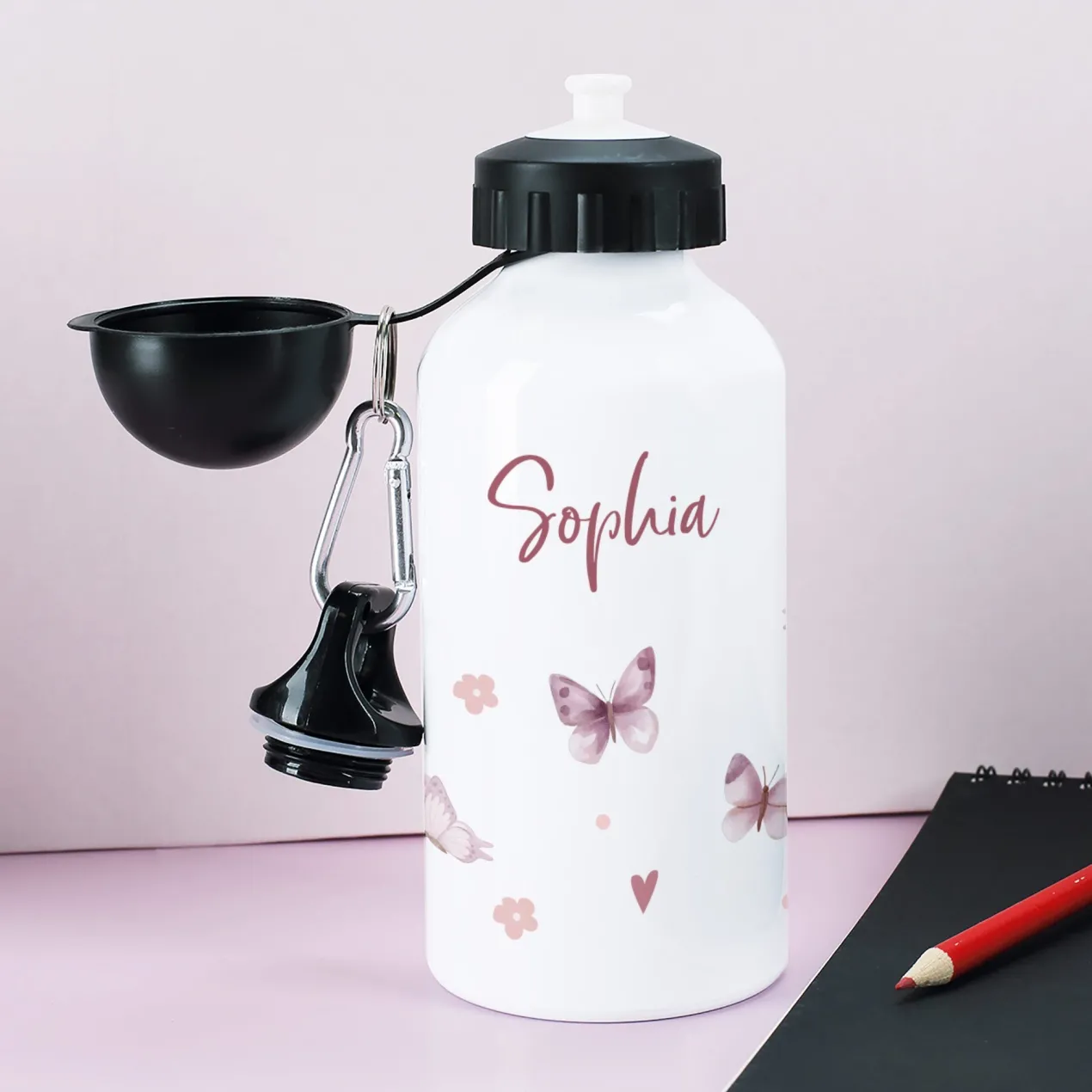 Personalisierte Trinkflasche für Mädchen mit Schmetterlings-Motiv | Für Schule & Kindergarten