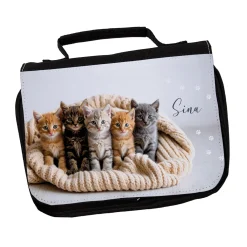 Personalisierte Waschtasche mit niedlichen Katzen und Name – Kulturtasche für Mädchen