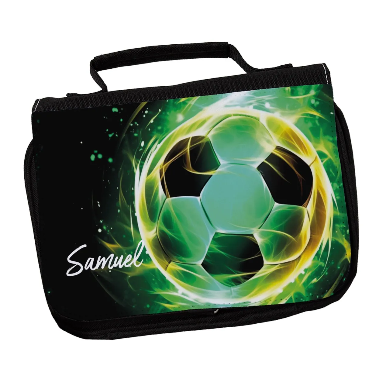 Personalisierte Waschtasche für Jungen mit coolem Fußballmotiv | Kulturbeutel mit Name