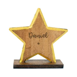 Personalisierte Weihnachtsfigur aus Holz mit Gravur & Goldrand | Stern, Engel oder Tannenbaum