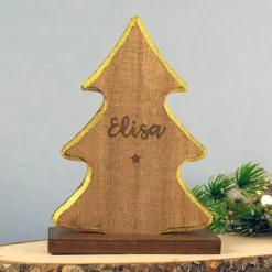 Personalisierte Weihnachtsfigur aus Holz mit Gravur & Goldrand | Stern, Engel oder Tannenbaum