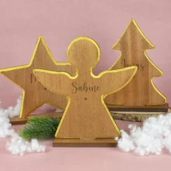 Personalisierte Weihnachtsdeko aus Holz mit Name & Herz | Engel, Stern oder Tannen Skulptur graviert