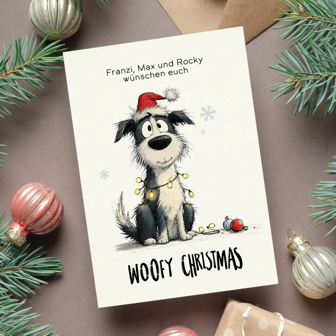 Personalisierte Weihnachtskarte mit witzigem Hunde-Motiv | Klappkarte mit Foto & Wunschtext