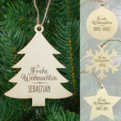 Personalisierte Weihnachtsanhänger aus Holz mit Name in 4 Formen | Christbaumschmuck & Geschenkanhänger