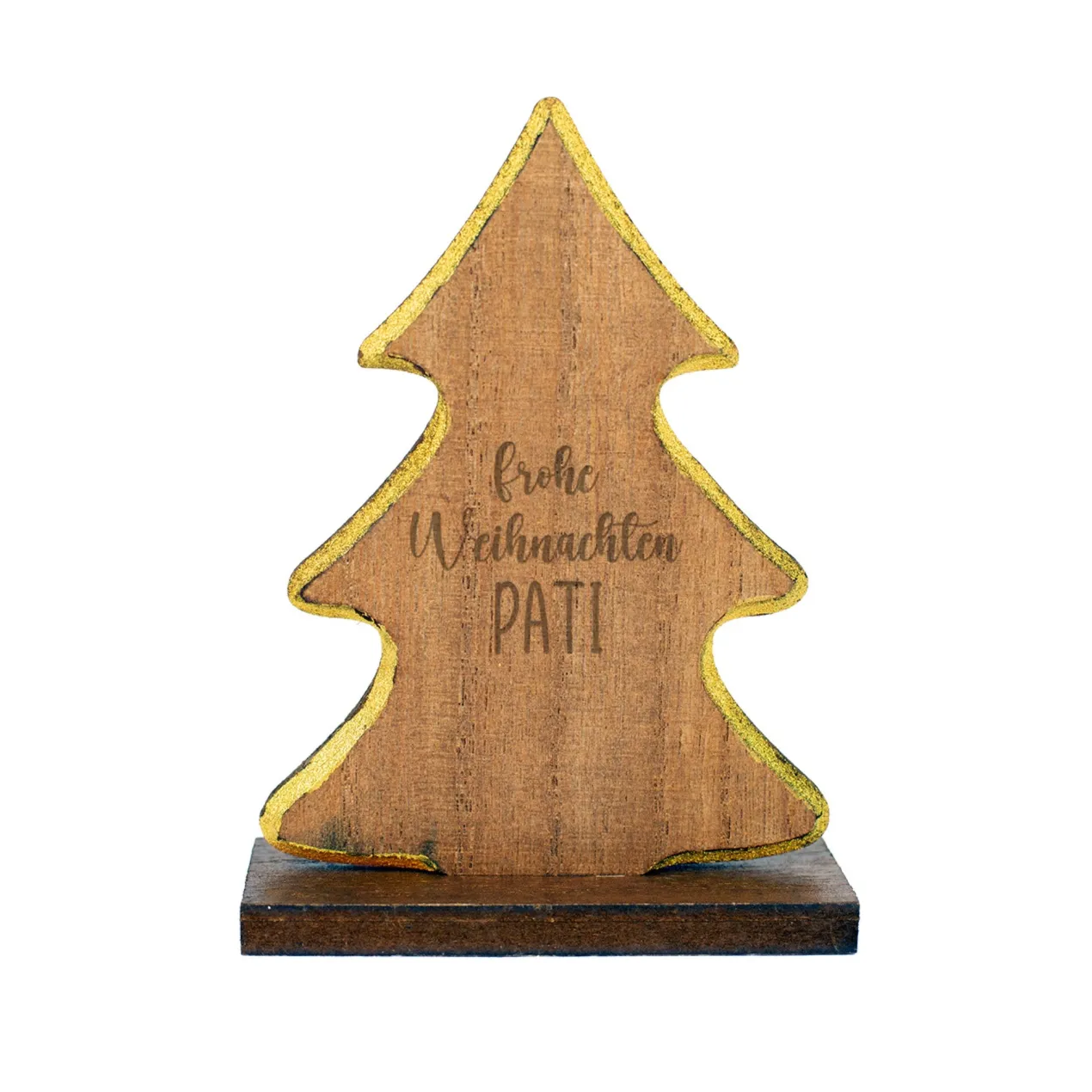 Personalisierte Weihnachtsfigur aus Holz mit Wunschtext | Engel, Stern oder Tanne mit Goldrand
