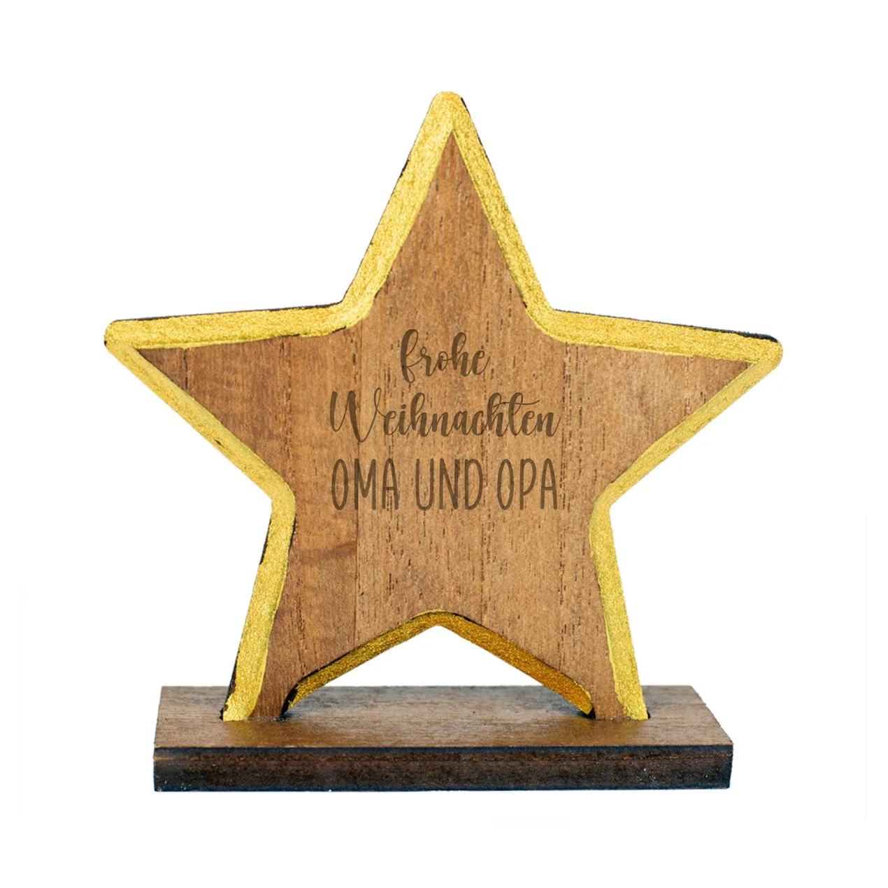 Personalisierte Weihnachtsfigur aus Holz mit Wunschtext | Engel, Stern oder Tanne mit Goldrand