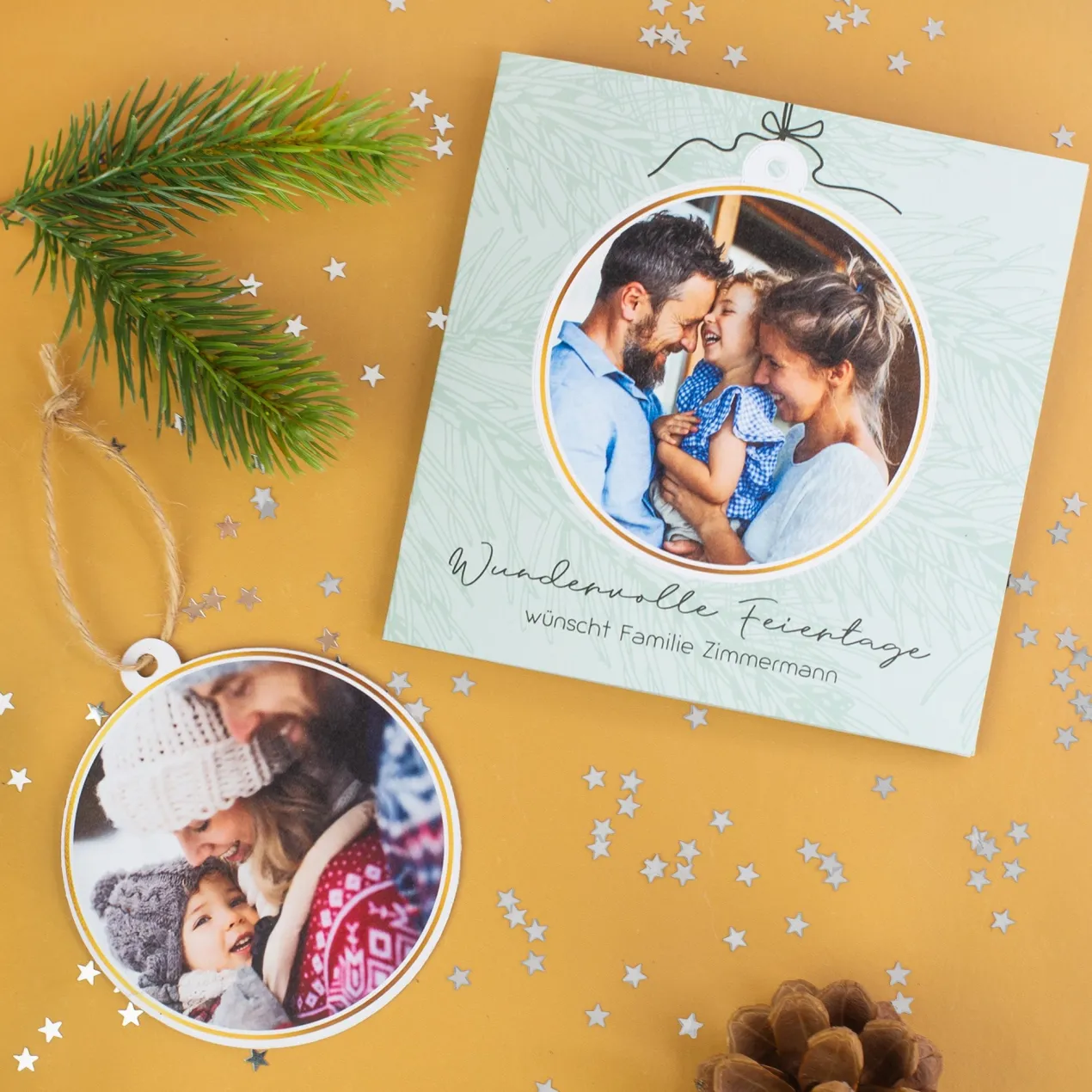 Personalisierte Weihnachtskarte mit herausnehmbarer Fotokugel | Klappkarte mit Fotos & Wunschtext