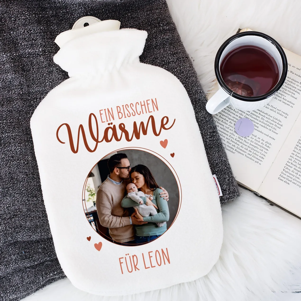 Personalisierte Wärmflasche mit Foto & Name | Wärme schenken mit Herz für Familie & Freunde