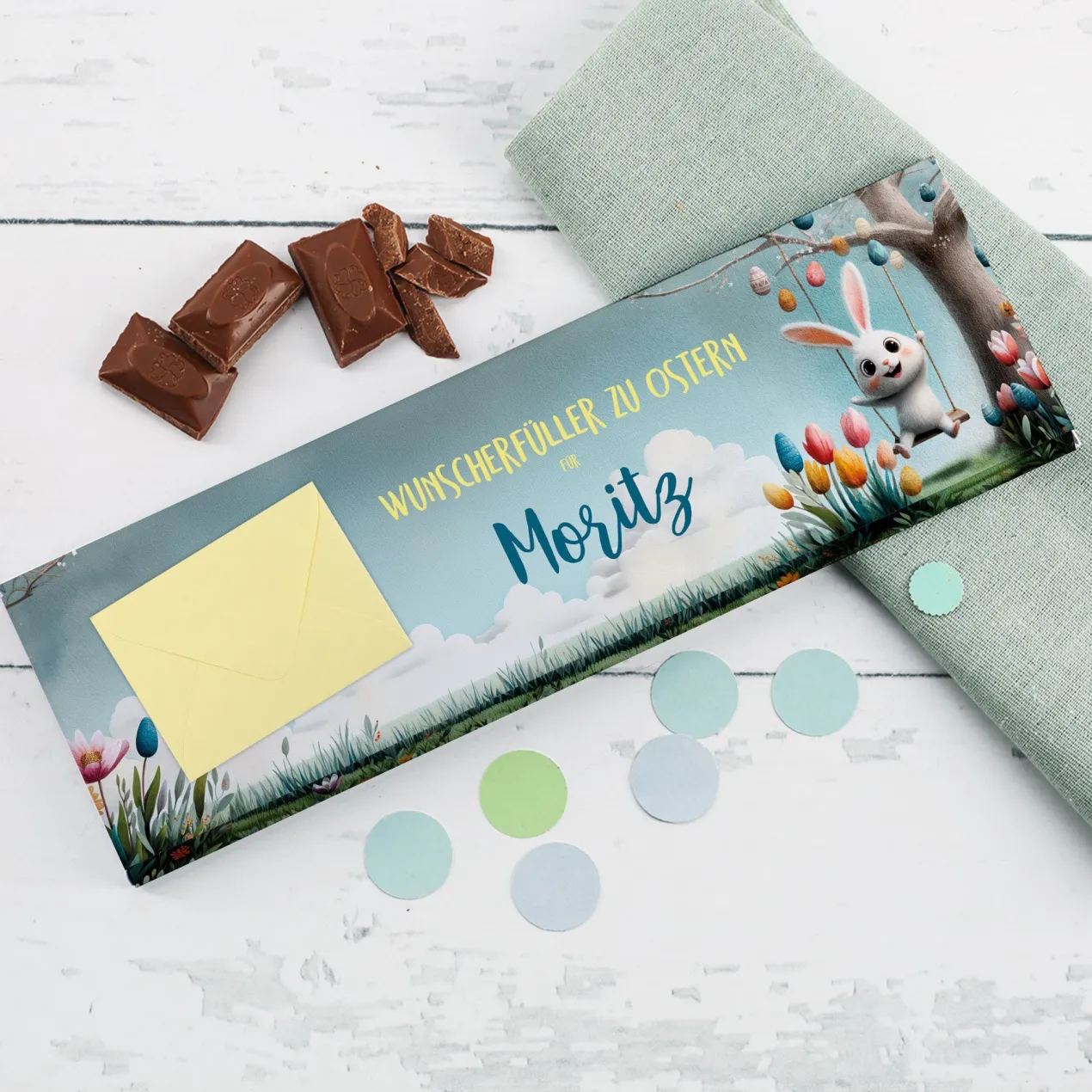 Personalisierte XL Osterschokolade mit Name & Geldumschlag | 300g Schokolade als Geldgeschenk
