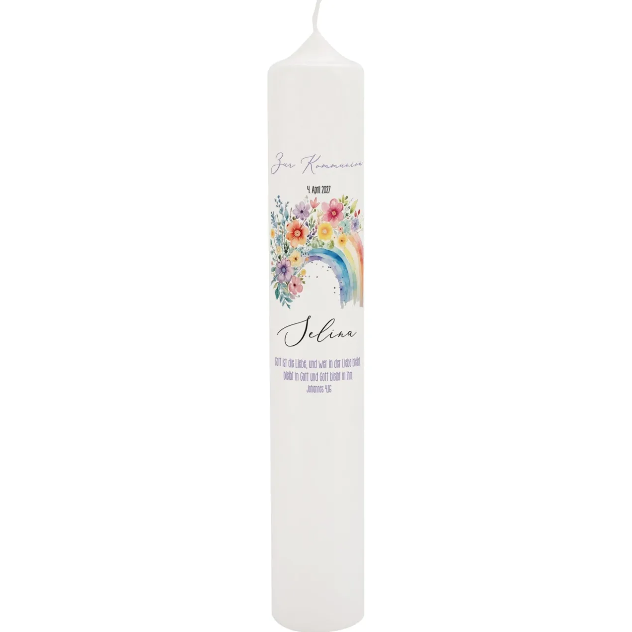 Personalisierte XXL Kerze mit Regenbogen & Blumen zur Kommunion, Taufe, Konfirmation & Jugendweihe