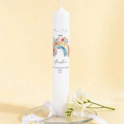 Personalisierte XXL Kerze mit Regenbogen & Blumen zur Kommunion, Taufe, Konfirmation & Jugendweihe