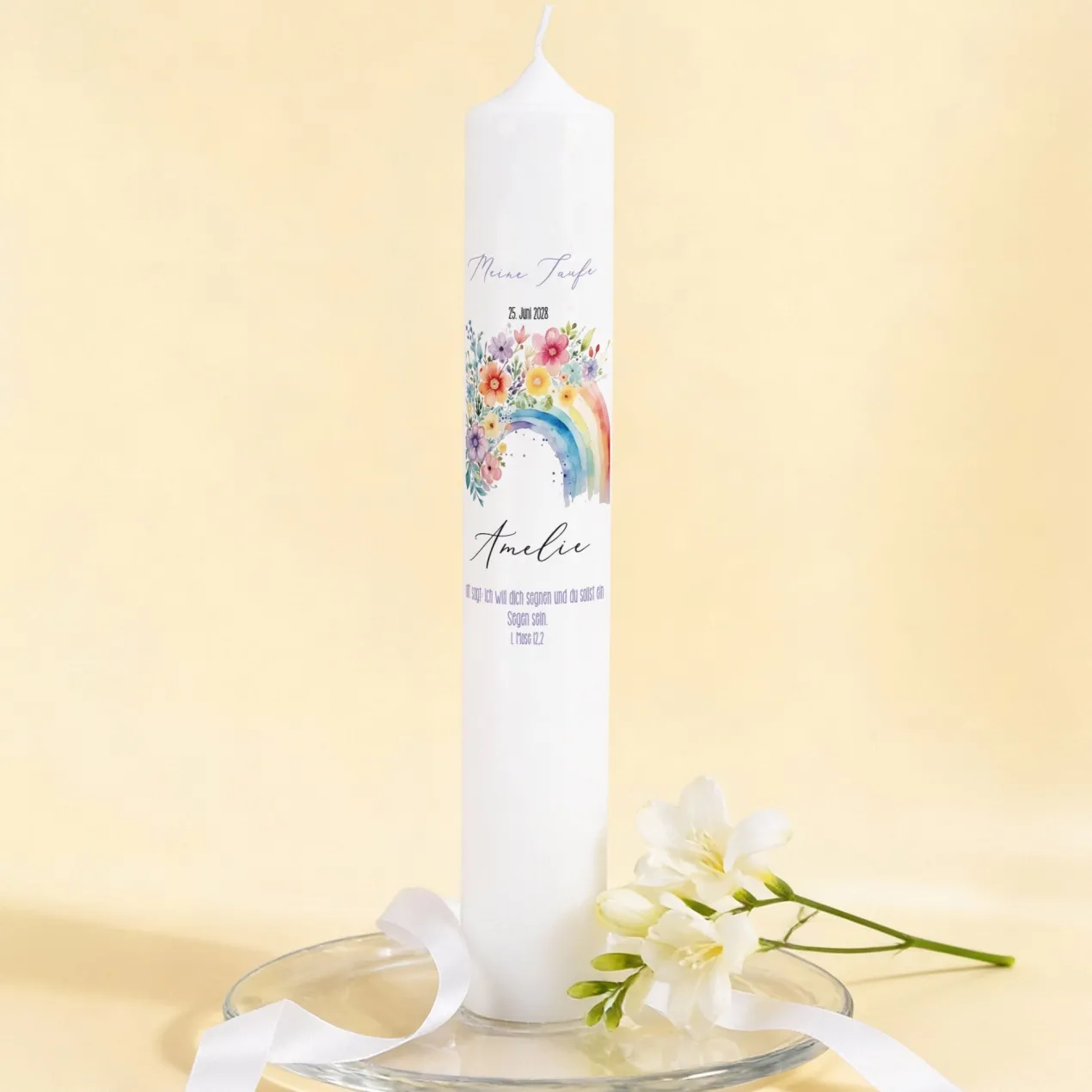 Personalisierte XXL Kerze mit Regenbogen & Blumen zur Kommunion, Taufe, Konfirmation & Jugendweihe