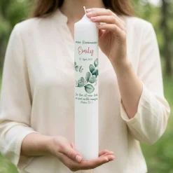 Personalisierte XXL Kommunionkerze mit Eukalyptus-Motiv | Kerze mit Name, Datum & Wunschtext