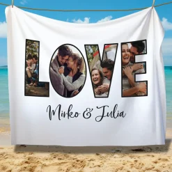 Personalisierte XXL Kuscheldecke mit 4 Fotos im LOVE Design & Wunschtext | Fotodecke für Paare