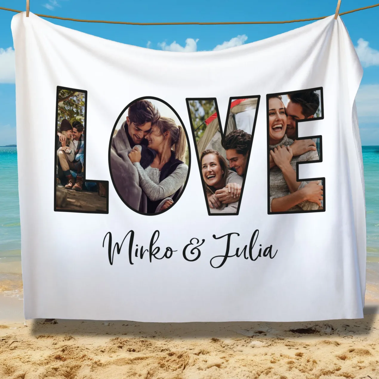 Personalisierte XXL Kuscheldecke mit 4 Fotos im LOVE Design & Wunschtext | Fotodecke für Paare
