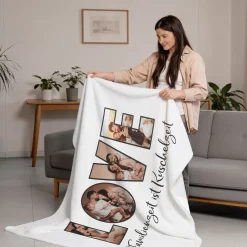 Personalisierte XXL Kuscheldecke mit 4 Fotos im LOVE Design & Wunschtext | Fotodecke für Paare