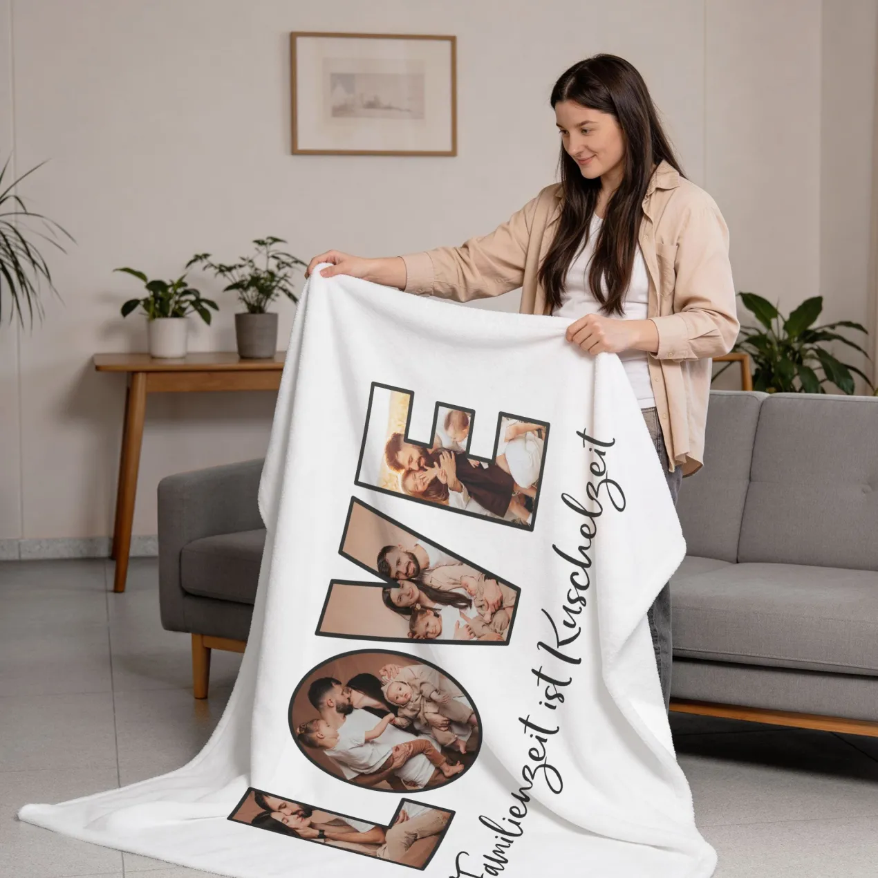 Personalisierte XXL Kuscheldecke mit 4 Fotos im LOVE Design & Wunschtext | Fotodecke für Paare